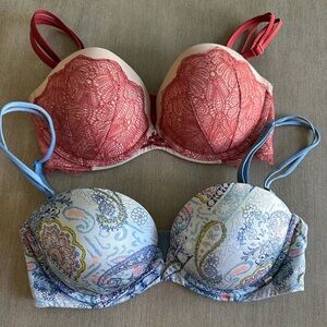 Victoria's Secret very sexy multi-way mauve Lace and Blue Paisley Bra Set 32d